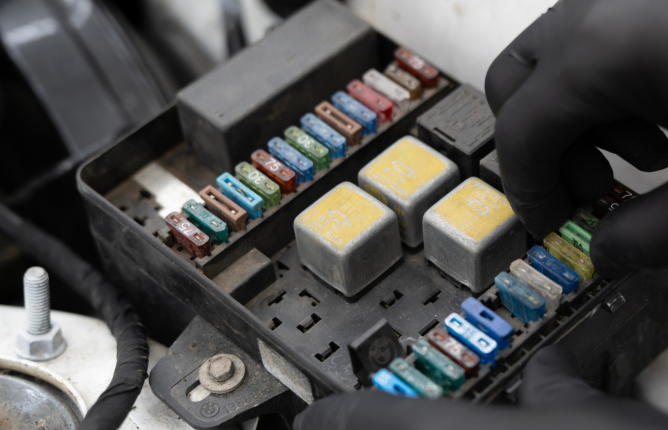 A gloved person removing a fuse from an automotive fuse panel.
