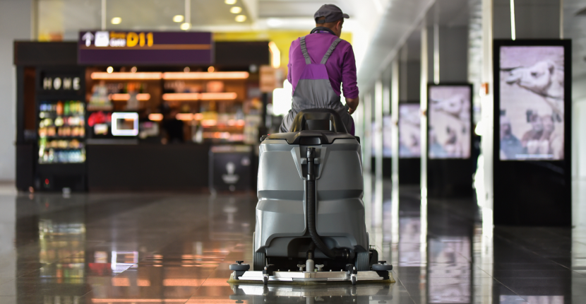 Janitor riding on a scrubber/sweeper machine in a hall