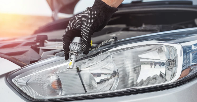 Replacing the headlight on a silver car