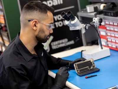 Employee replacing the battery in a phone
