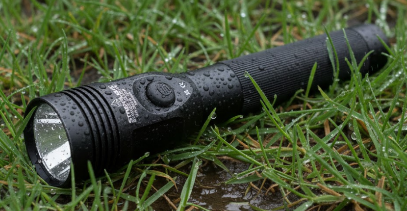 Wet flashlight in the grass